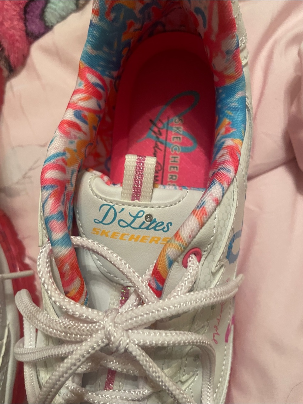 Skechers White Lace-Up Sneakers with Pink & Multicolor Trim - Picture 2 of 5